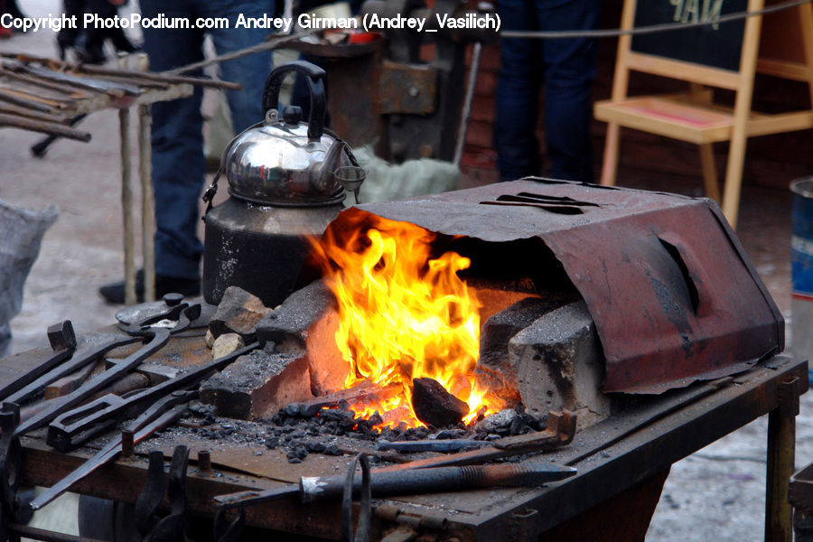 Pot, Pottery, Teapot, Fire, Plywood, Wood, Bbq