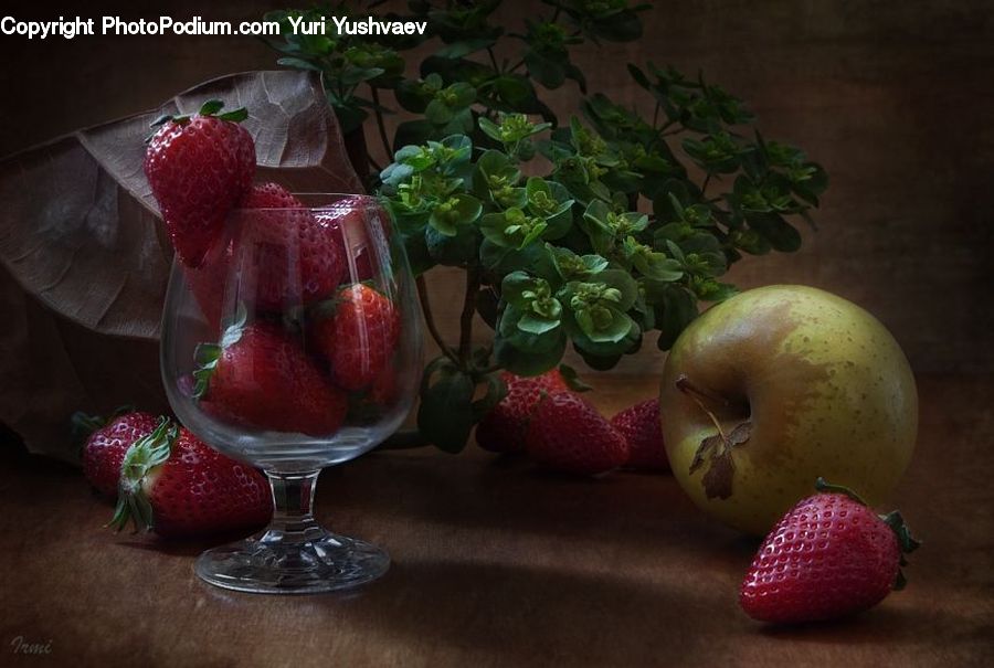 Plant, Potted Plant, Fruit, Strawberry, Glass, Goblet, Cake