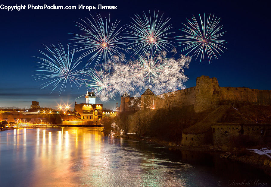 Fireworks, Night, Outdoors, River, Water, Castle, Ditch