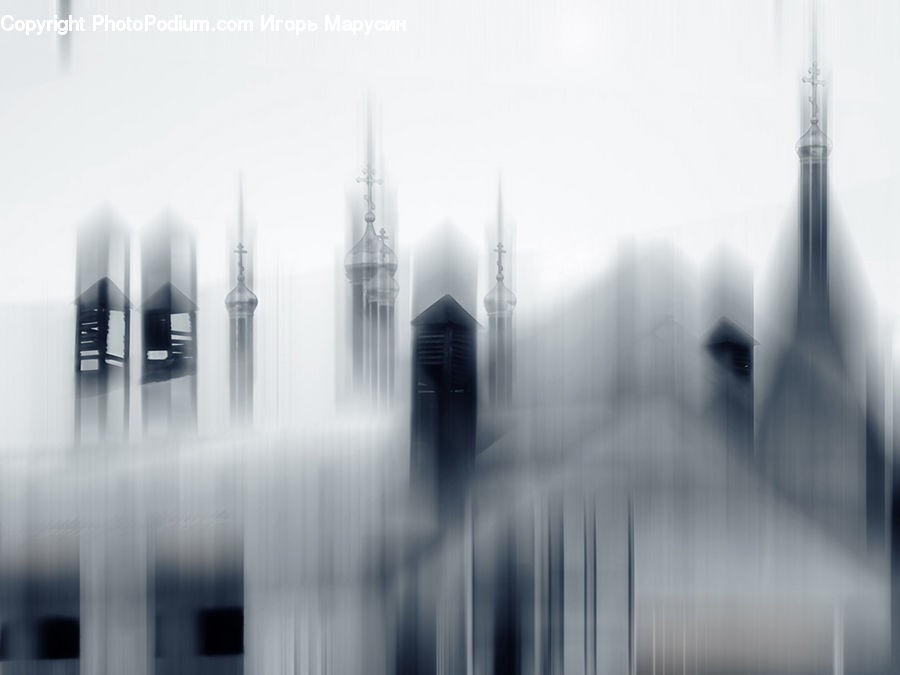 Fog, Architecture, Spire, Steeple, Tower, Collage, Poster