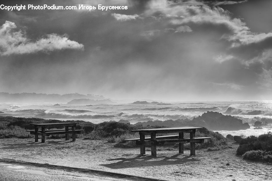 Bench, Promontory, Coast, Outdoors, Sea, Water, Field