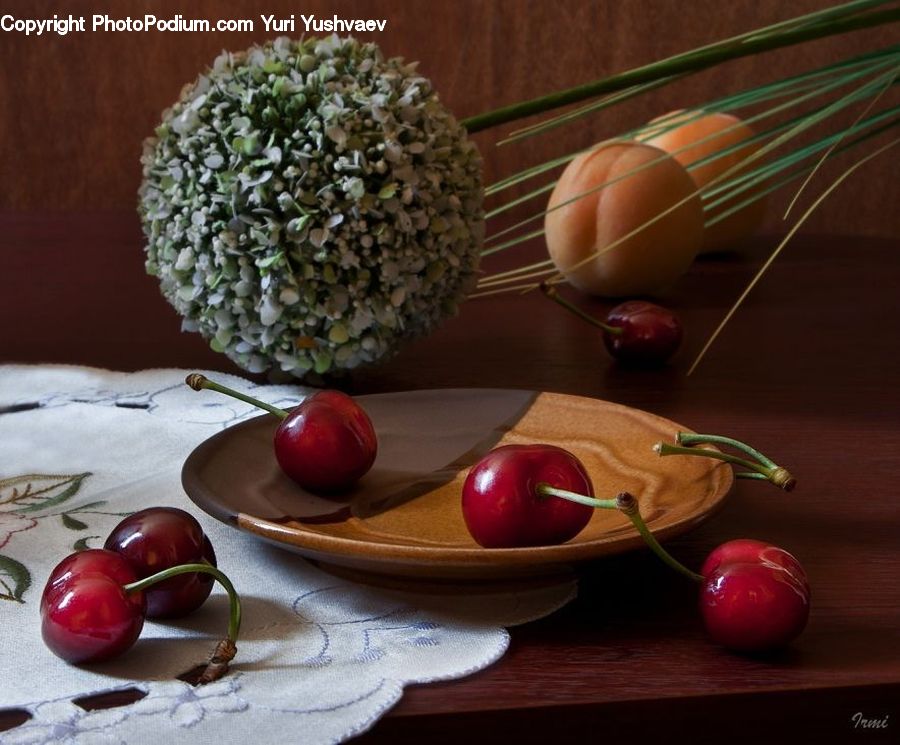 Bowl, Cherry, Fruit, Glass, Goblet, Flower Arrangement, Ikebana
