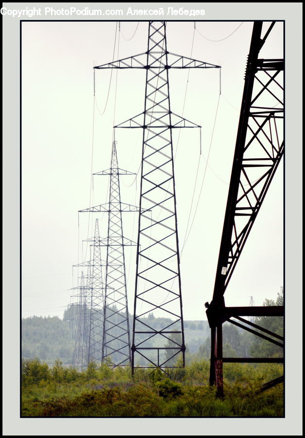 Electric Transmission Tower, Cable, Power Lines, Bridge, Silhouette, Dock, Pier