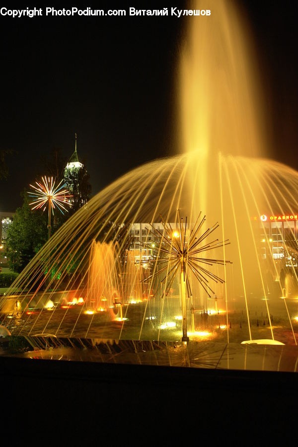 Fountain, Water, Fireworks, Night, Outdoors, Lighting, City
