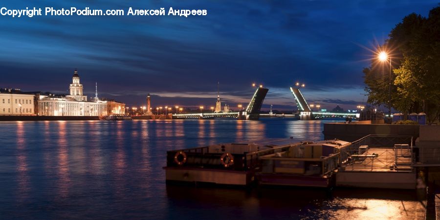 Boat, Watercraft, Arch Bridge, Bridge, Drawbridge, Bench, Night