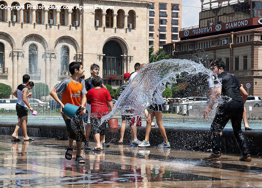 People, Person, Human, Fountain, Water, Shorts, Shopping