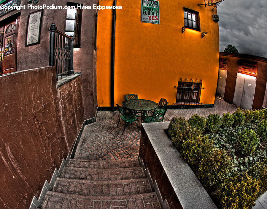 Chair, Furniture, Fence, Hedge, Plant, Brick, Cobblestone