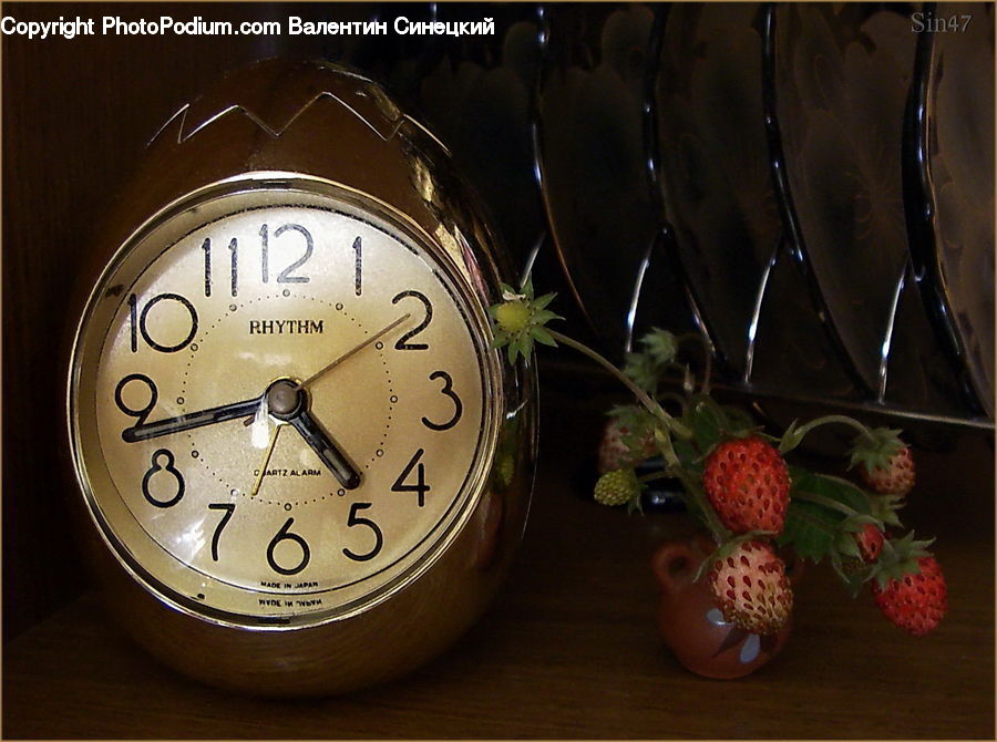 Glass, Plant, Potted Plant, Fruit, Strawberry, Alarm Clock, Clock