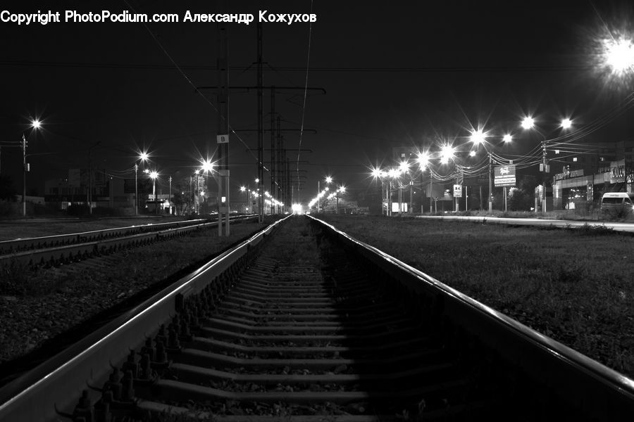 Rail, Train Track, Night, Outdoors, Lighting, Road, City