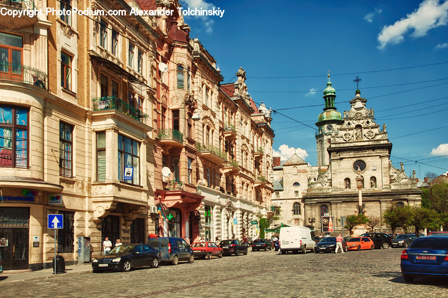 Architecture, Downtown, Plaza, Town Square, Road, Street, Town