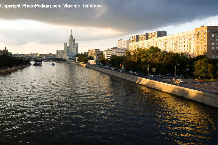 City, Downtown, Building, High Rise, Canal, Outdoors, River