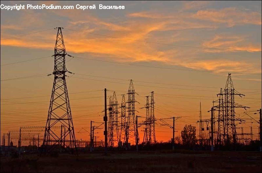 Cable, Electric Transmission Tower, Power Lines, Dusk, Outdoors, Sky, Sunlight