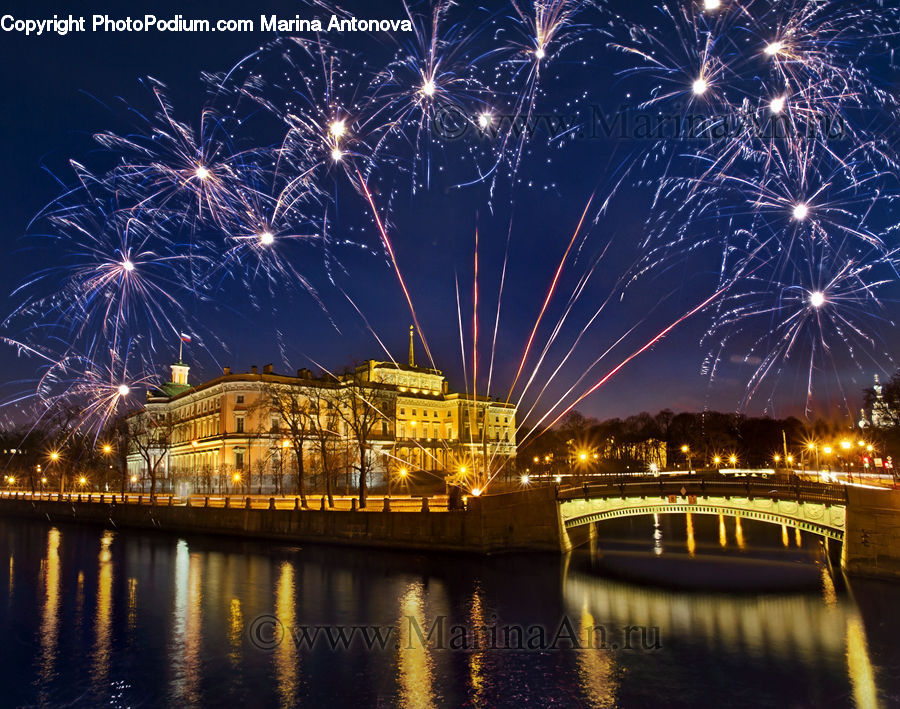 Fireworks, Night, Bridge, City, Downtown, Dock, Landing