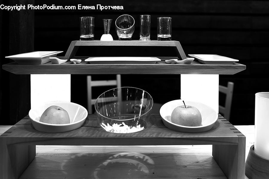Apple, Fruit, Cup, Glass, Dining Table, Furniture, Table