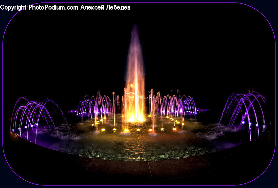 Fountain, Water, Fireworks, Night, Outdoors, Lighting