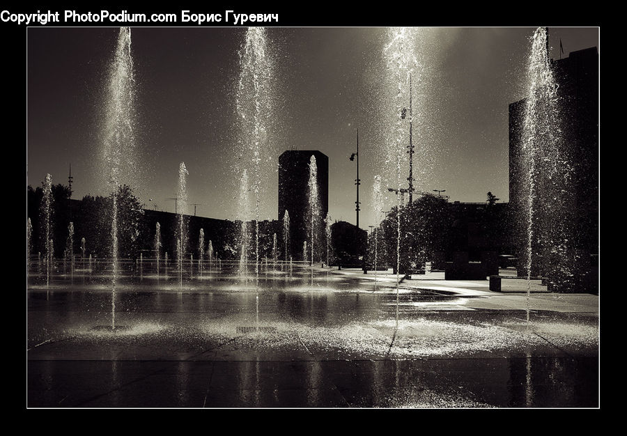 Fountain, Water, Bench, City, Downtown, Building, Office Building