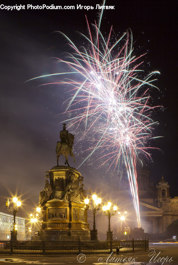 Fireworks, Night, Fountain, Water, Lighting, Art, Sculpture