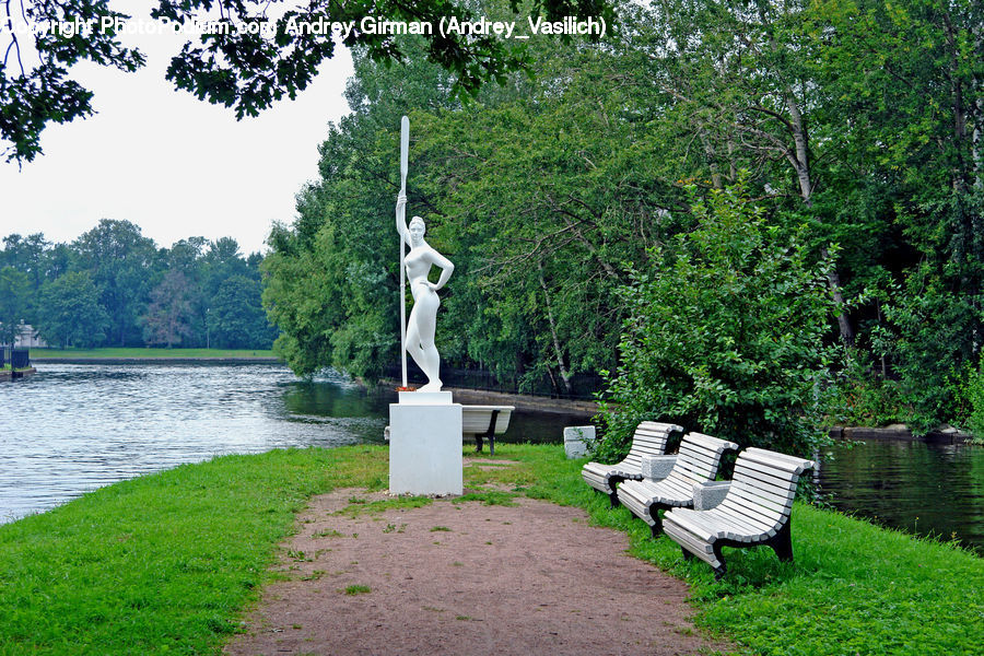 Bench, Art, Sculpture, Statue, Outdoors, Pond, Water