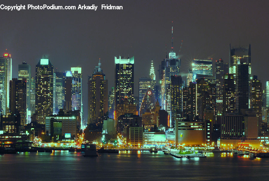 City, Downtown, Metropolis, Urban, Night, Outdoors, Harbor