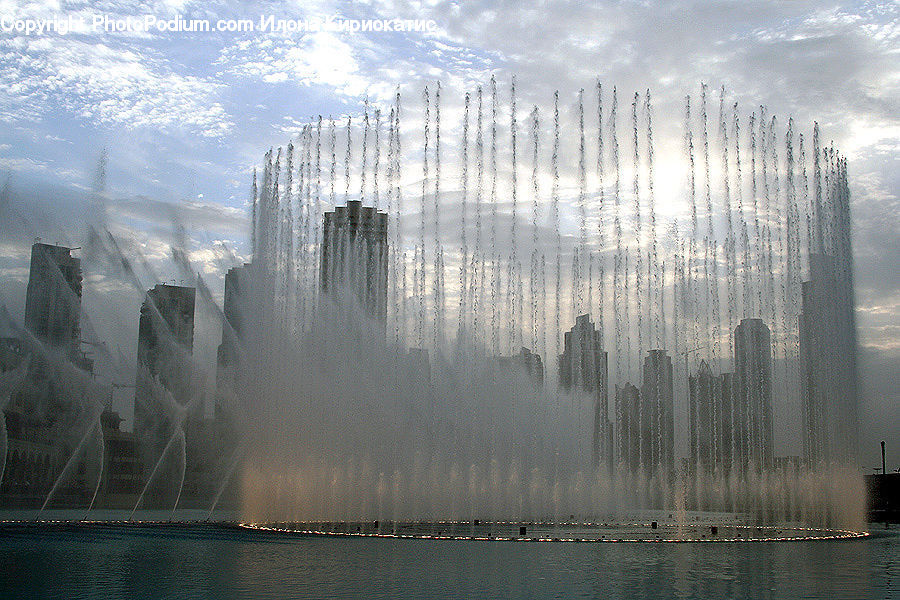 Fountain, Water, Building, City, High Rise, Fog, Pollution