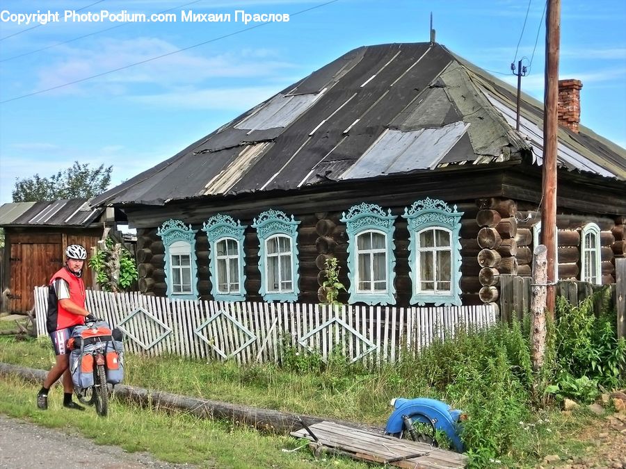 People, Person, Human, Building, Cottage, Housing, Moped