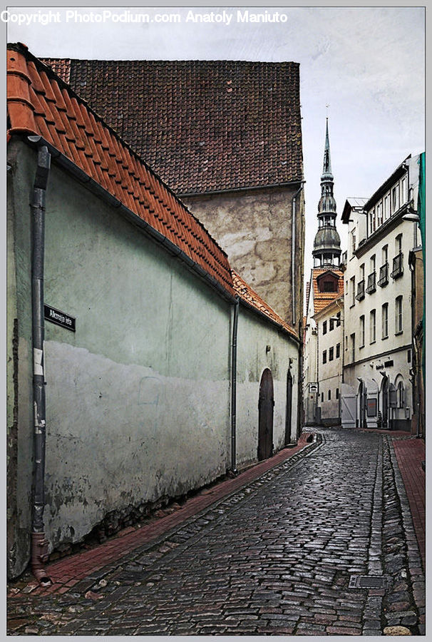 Building, Downtown, Town, Cobblestone, Pavement, Walkway, Architecture