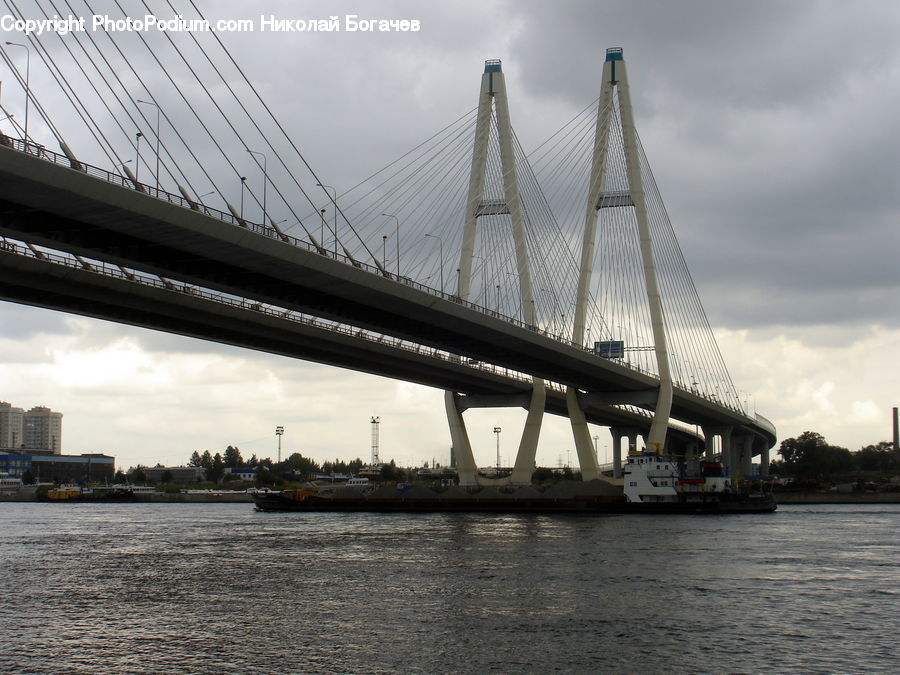 Bridge, City, Downtown, Barge, Boat, Tugboat, Vessel