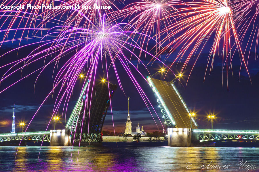 Fireworks, Night, Bridge, Lighting, City, Downtown, Urban