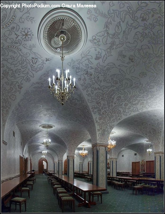 Chandelier, Lamp, Dining Table, Furniture, Table, Arch, Vault Ceiling
