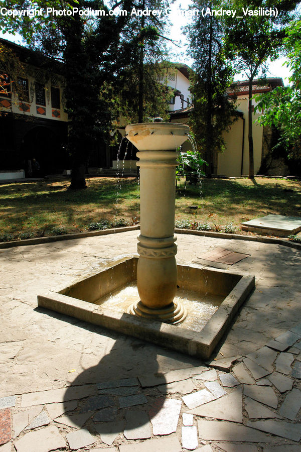 Drinking Fountain, Fountain, Column, Pillar, Pot, Pottery, Plant