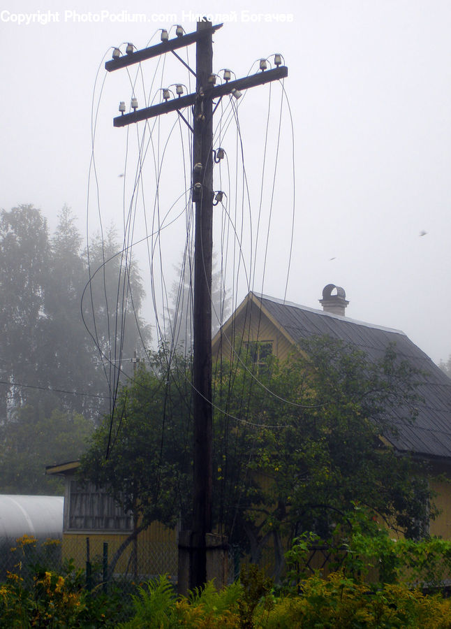 Cable, Electric Transmission Tower, Power Lines, Building, Housing, Villa, Bush