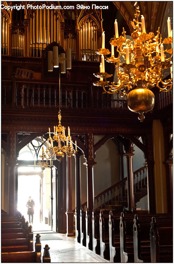 Chandelier, Lamp, Aisle, Corridor, Light Fixture, Column, Pillar