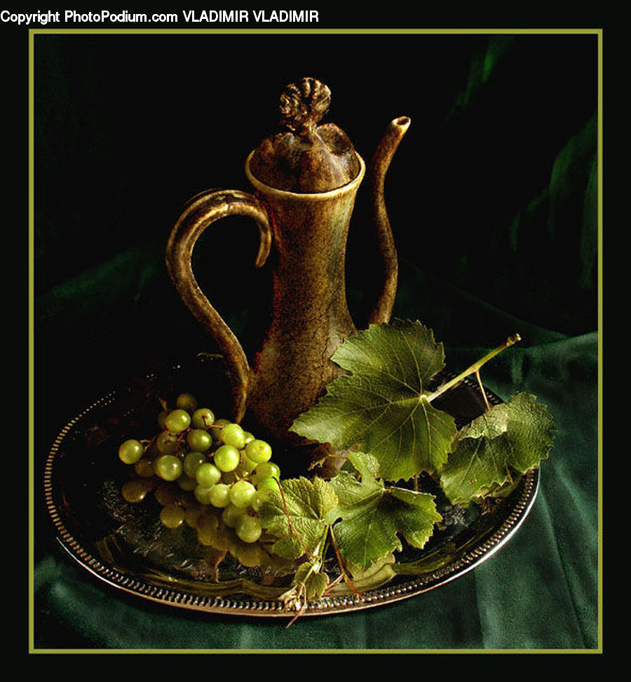 Pot, Pottery, Teapot, Fruit, Grapes, Glass, Goblet