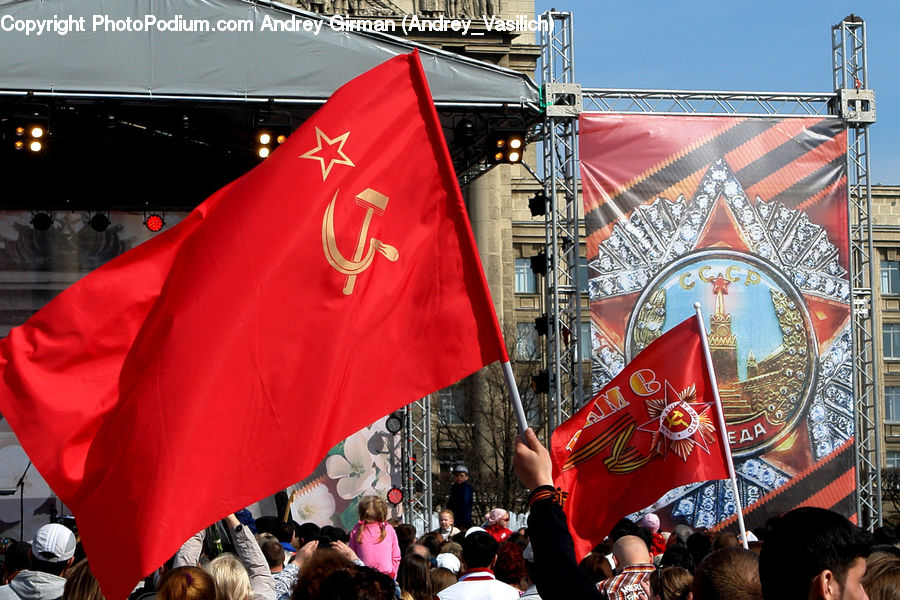 Crowd, Parade, Banner, Emblem, Flag, Apparel, Clothing