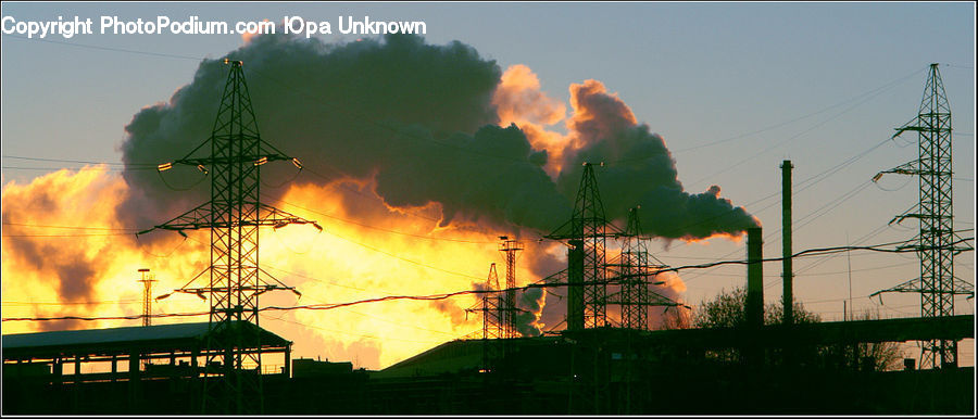 Factory, Refinery, Architecture, Tower, Fire, Electric Transmission Tower, Building