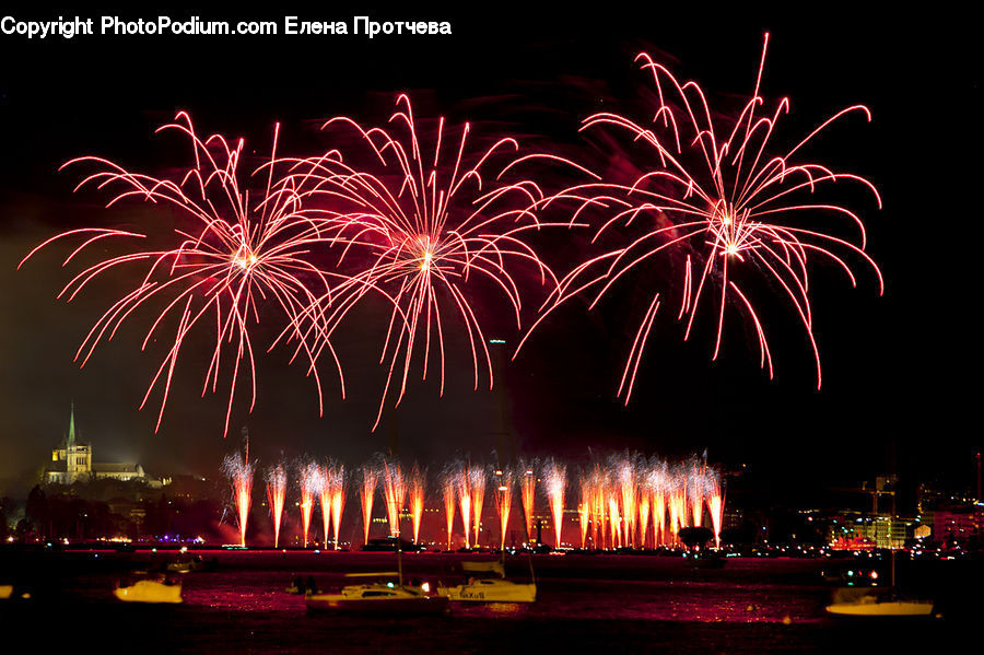 Fireworks, Night, Stage, Fountain, Water, City, Downtown