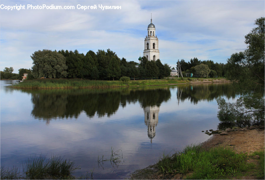 Architecture, Bell Tower, Clock Tower, Tower, Outdoors, Pond, Water