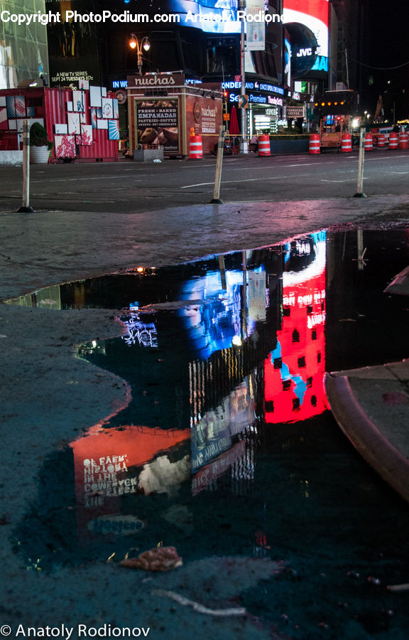 Puddle, Billboard, Night, Outdoors, Intersection, Road, City