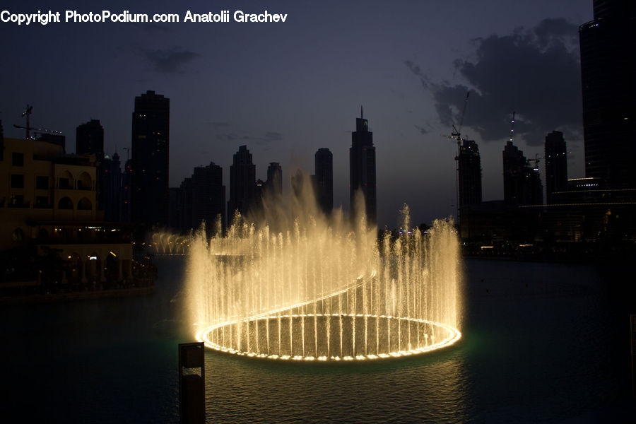 Fountain, Water, Night, Outdoors, Apartment Building, Building, High Rise