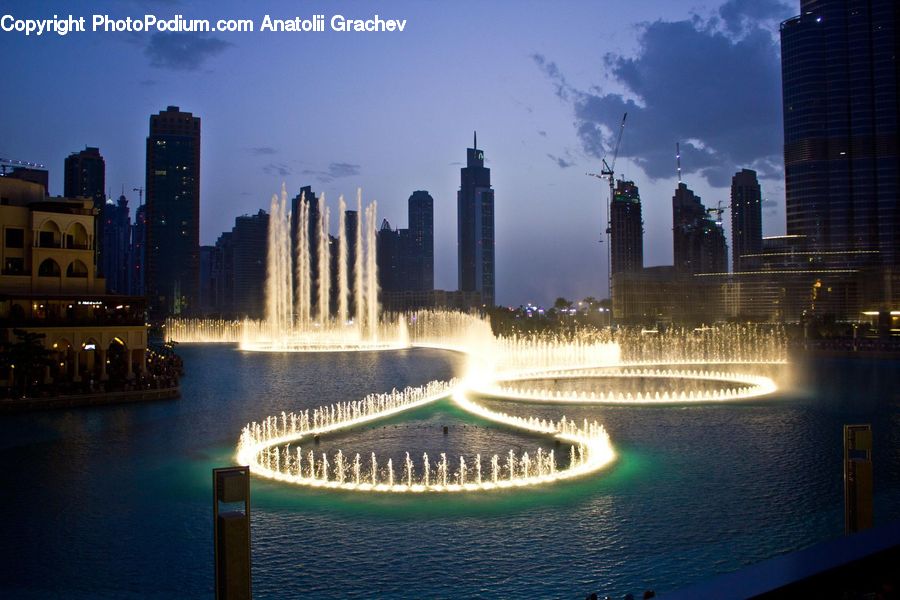 Fountain, Water, City, Downtown, Metropolis, Urban, Night