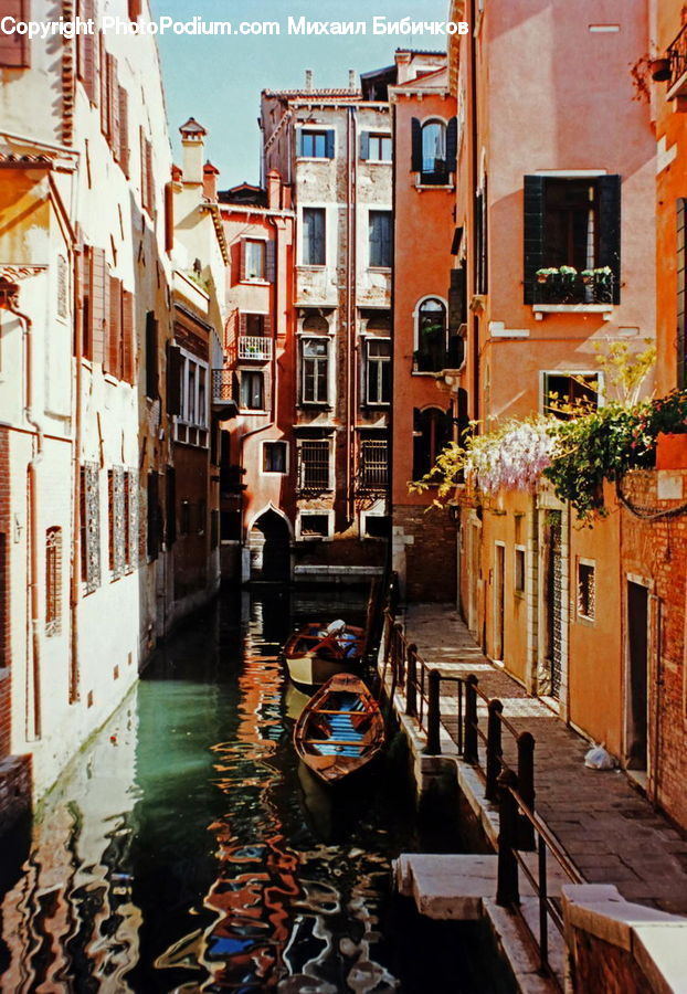 Plant, Potted Plant, Boat, Gondola, Watercraft, Alley, Alleyway