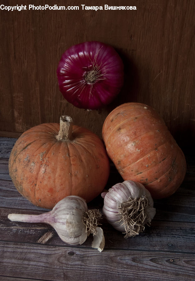Pumpkin, Squash, Vegetable, Produce, Onion, Shallot, Garlic