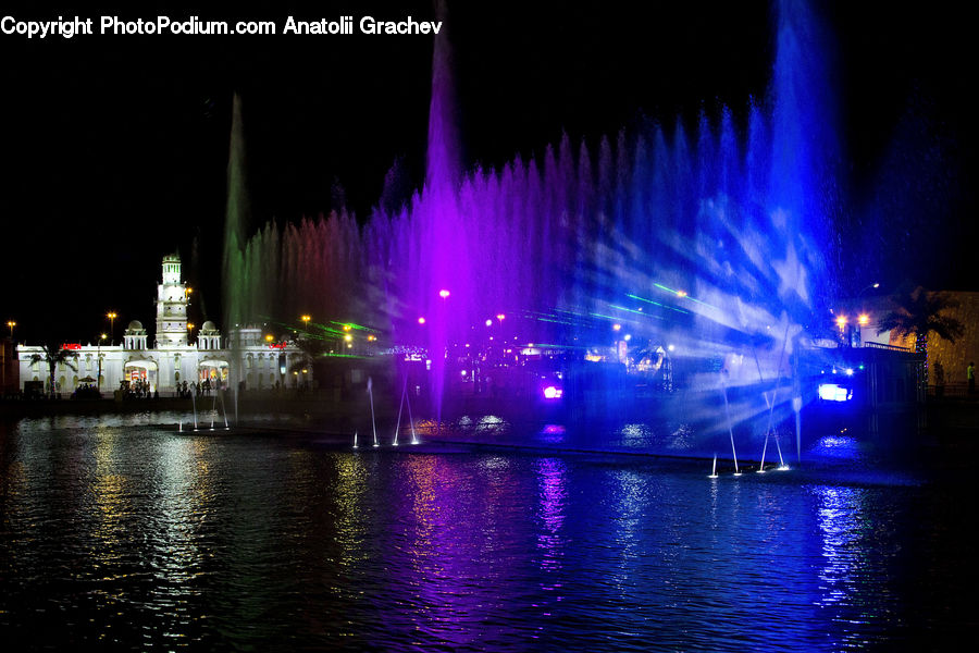 Fountain, Water, Lighting, Night, Outdoors, City, Downtown