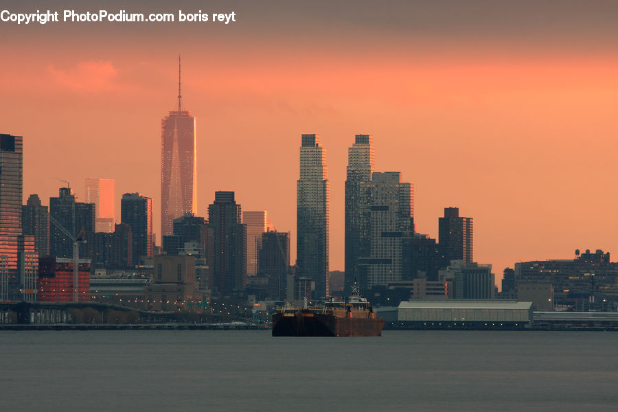 Barge, Boat, Tugboat, Vessel, City, Downtown, Metropolis