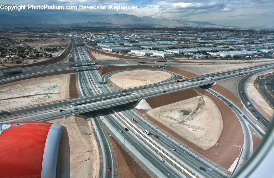 Freeway, Road, Intersection, Aerial View, City, Downtown, Urban