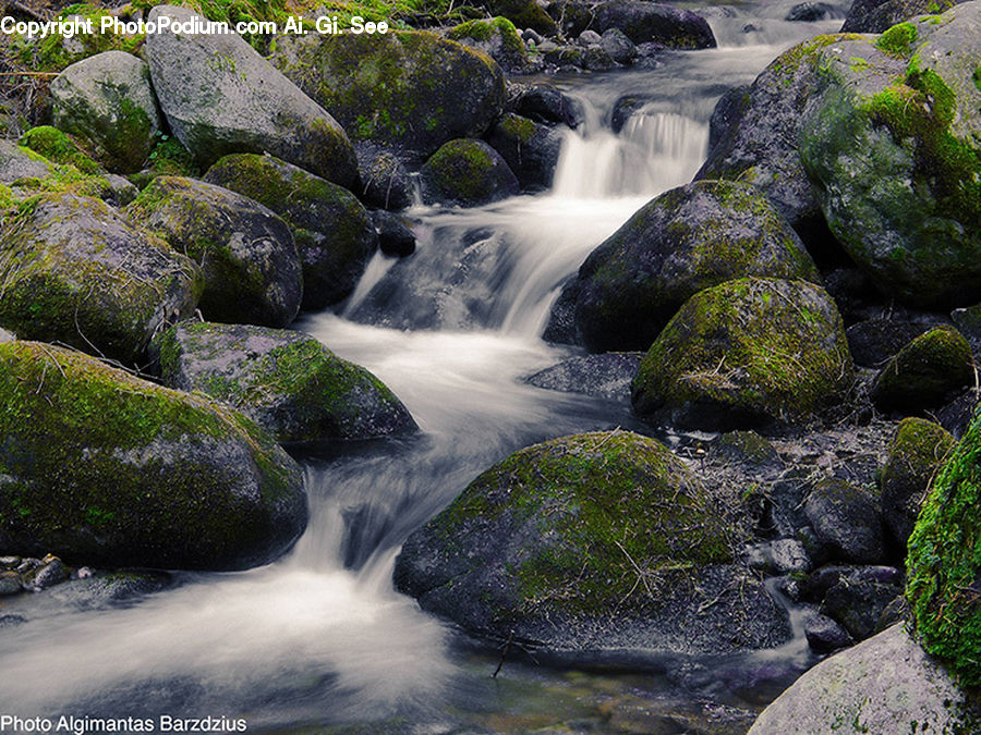 Creek, Outdoors, River, Water, Waterfall, Rock, Moss