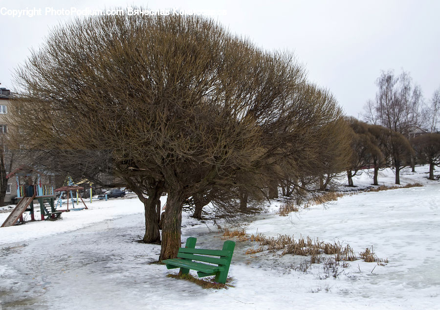 Bench, Playground, Ice, Outdoors, Snow, Landscape, Nature
