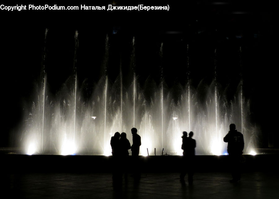Fountain, Water, Night, Outdoors, Silhouette, LED, Lighting
