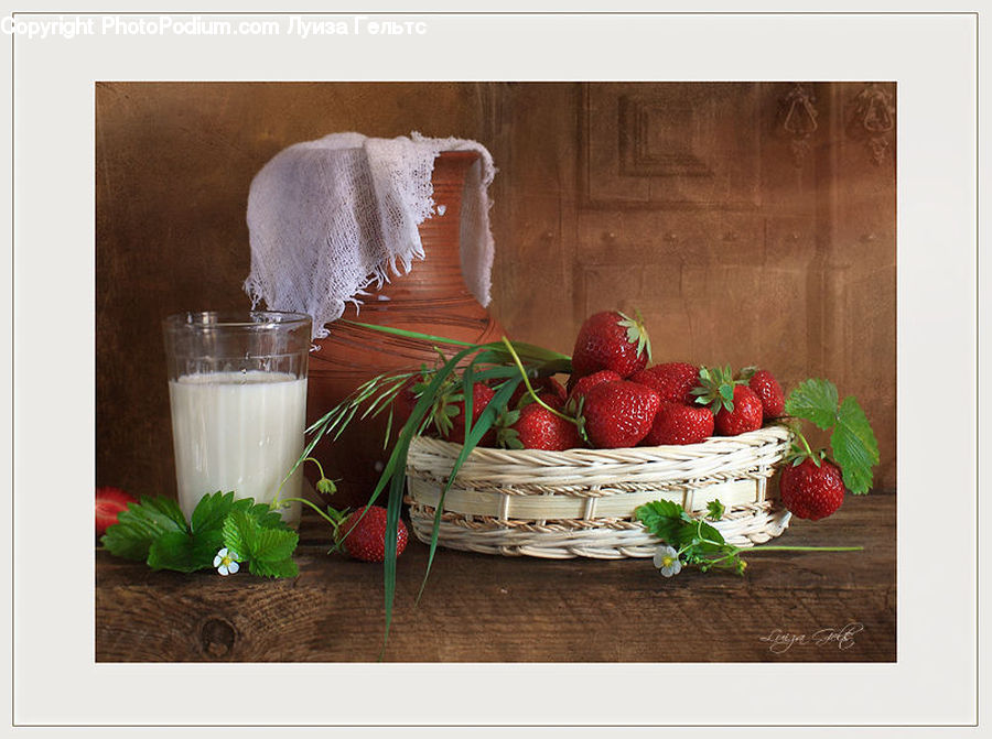 Fruit, Strawberry, Glass, Goblet, Box, Crate, Herbs