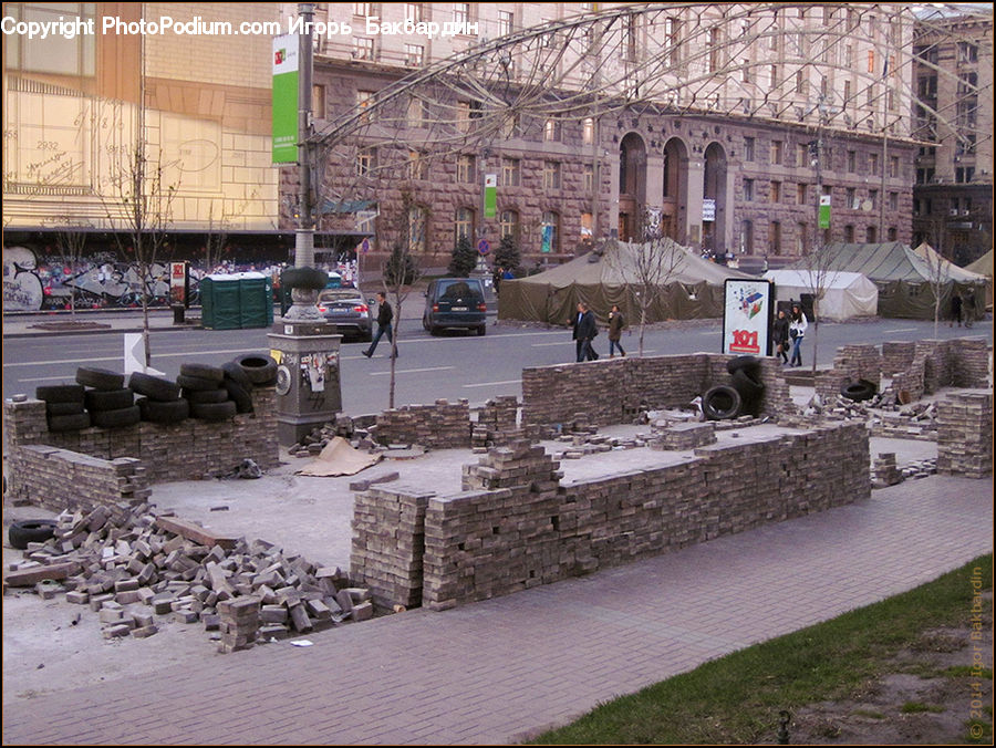 Bench, Rubble, Intersection, Road, Building, City, Downtown